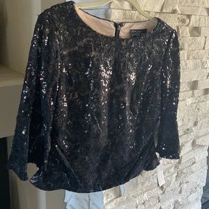 Alex Evenings black 3/4 sleeve sequin special occasion top. Petite Medium.